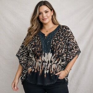 NEW‎ Blue Loop Animal Print Kaftan Top Womens 3X Brown Black Smocked Boho Blouse